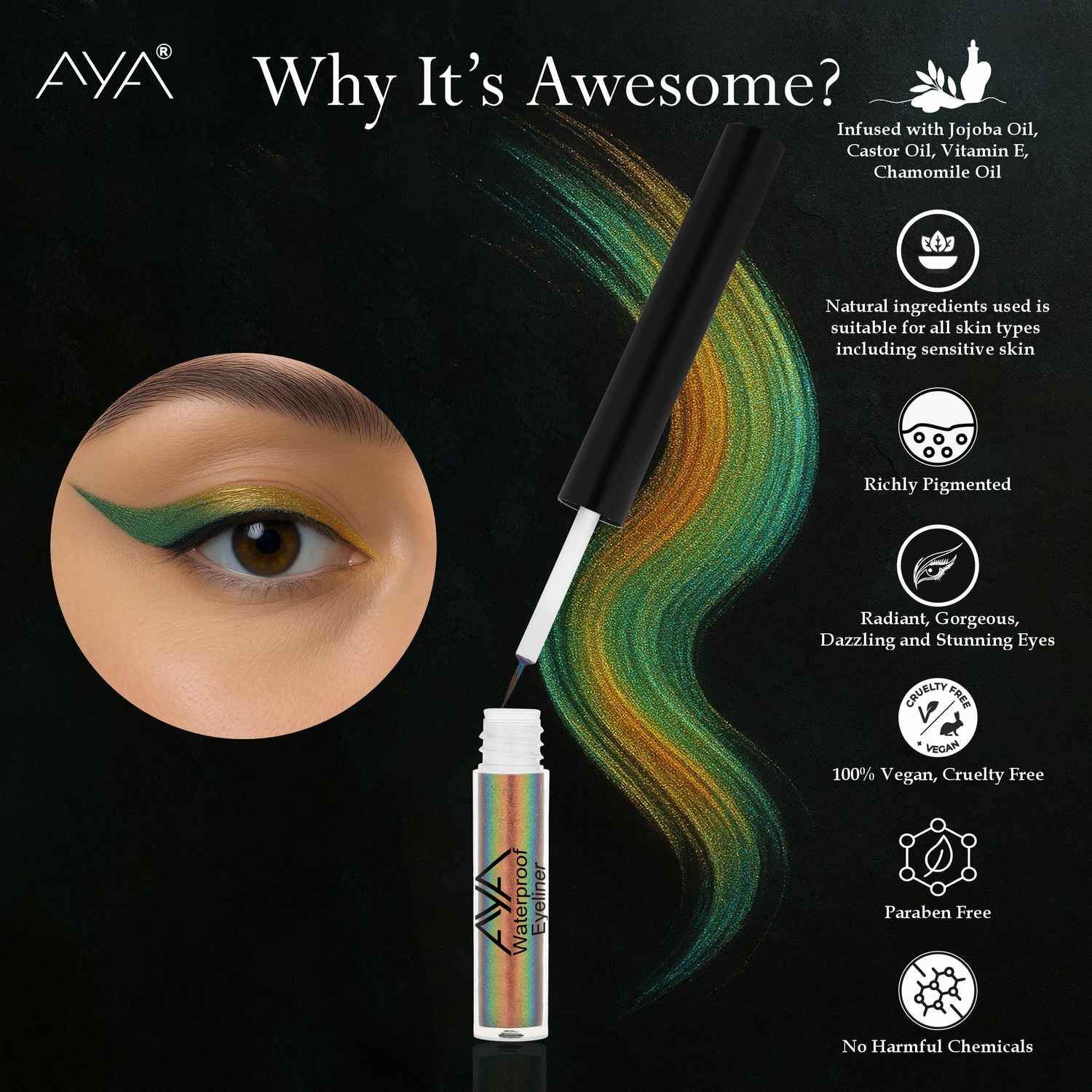 Buy AYA Waterproof Holographic Eyeliner, Galaxy, 1.6 ml | Shimmery Finish| Monochrome Effect | Jojoba Oil, Castor Oil, Vitamin E, Chamomile Oil - Purplle