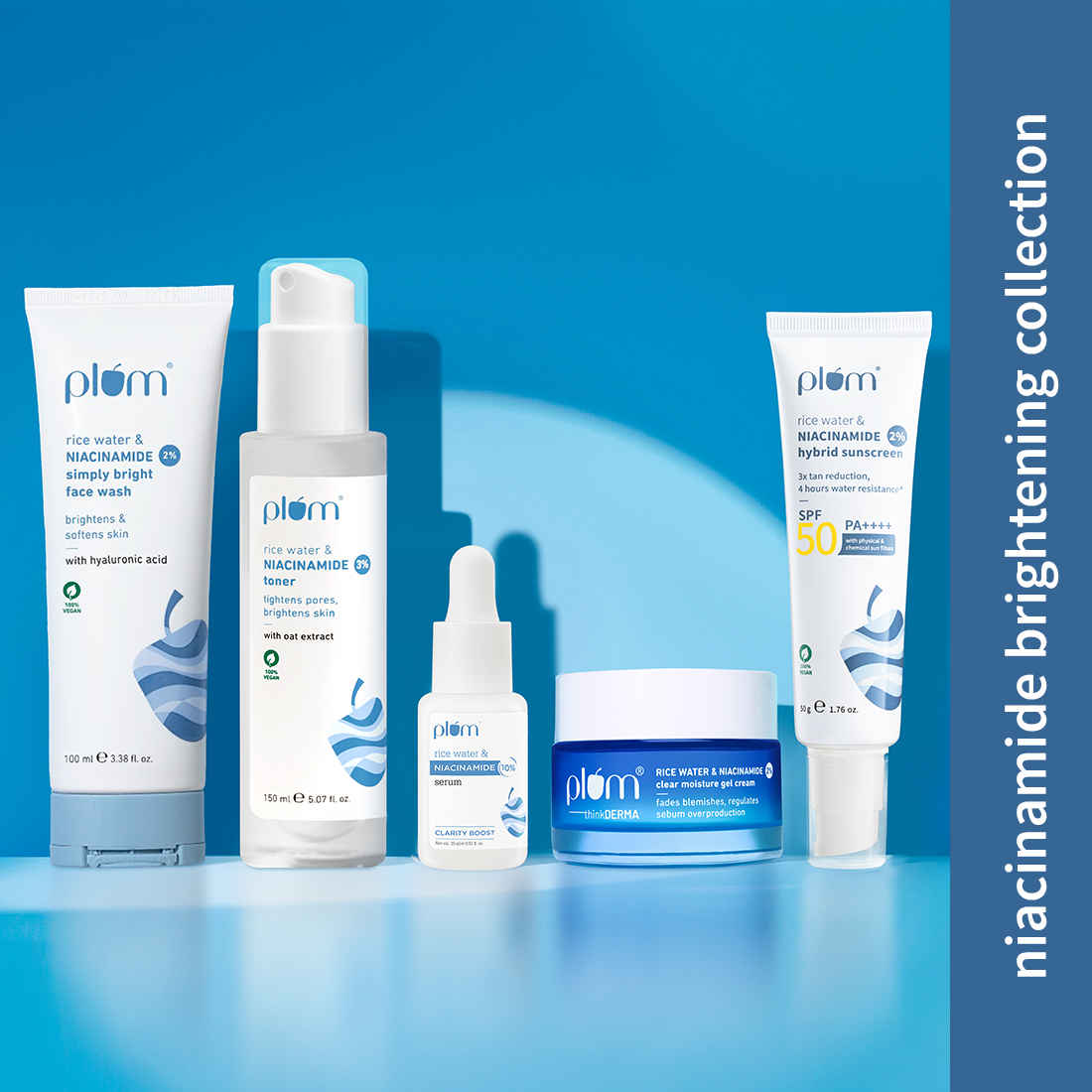 Buy Plum Niacinamide complete Routine (Face Wash 100 ml + Toner 150 ml + Sunscreen 50 gm + Moisturizer 50 gm + Serum 15 ml) - Purplle