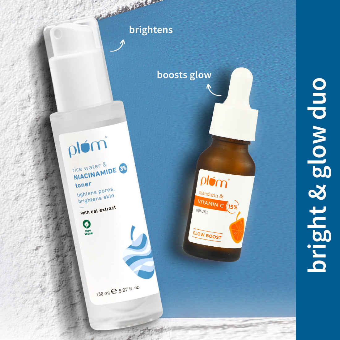 Buy Plum Glow Boost Duo – 3% Niacinamide & Rice Water Alcohol-150 ml + 15% Vitamin C Face Serum with Mandarin - 20 ml - Purplle