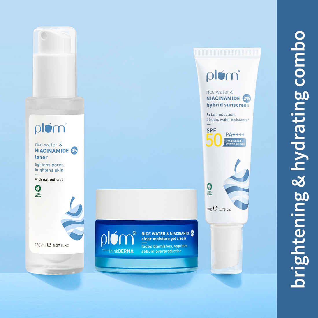 Buy Plum Radiance Care Trio - 2% Niacinamide Sunscreen SPF 50 PA+++ | 50 gm + 3% Niacinamide & Rice Water Alcohol- 150 ml + 2% Niacinamide & Rice Water Clear Moisture Gel Cream - 50 gm - Purplle