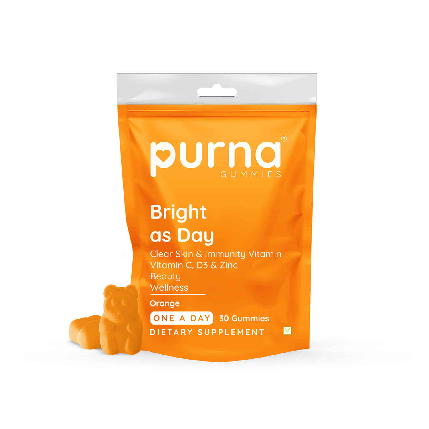 Buy Purna Gummies Vitamin C Orange Gummies with Vitamin D3, and Zinc, for Immunity & Clear Skin, 30 Gummy Bears - Purplle
