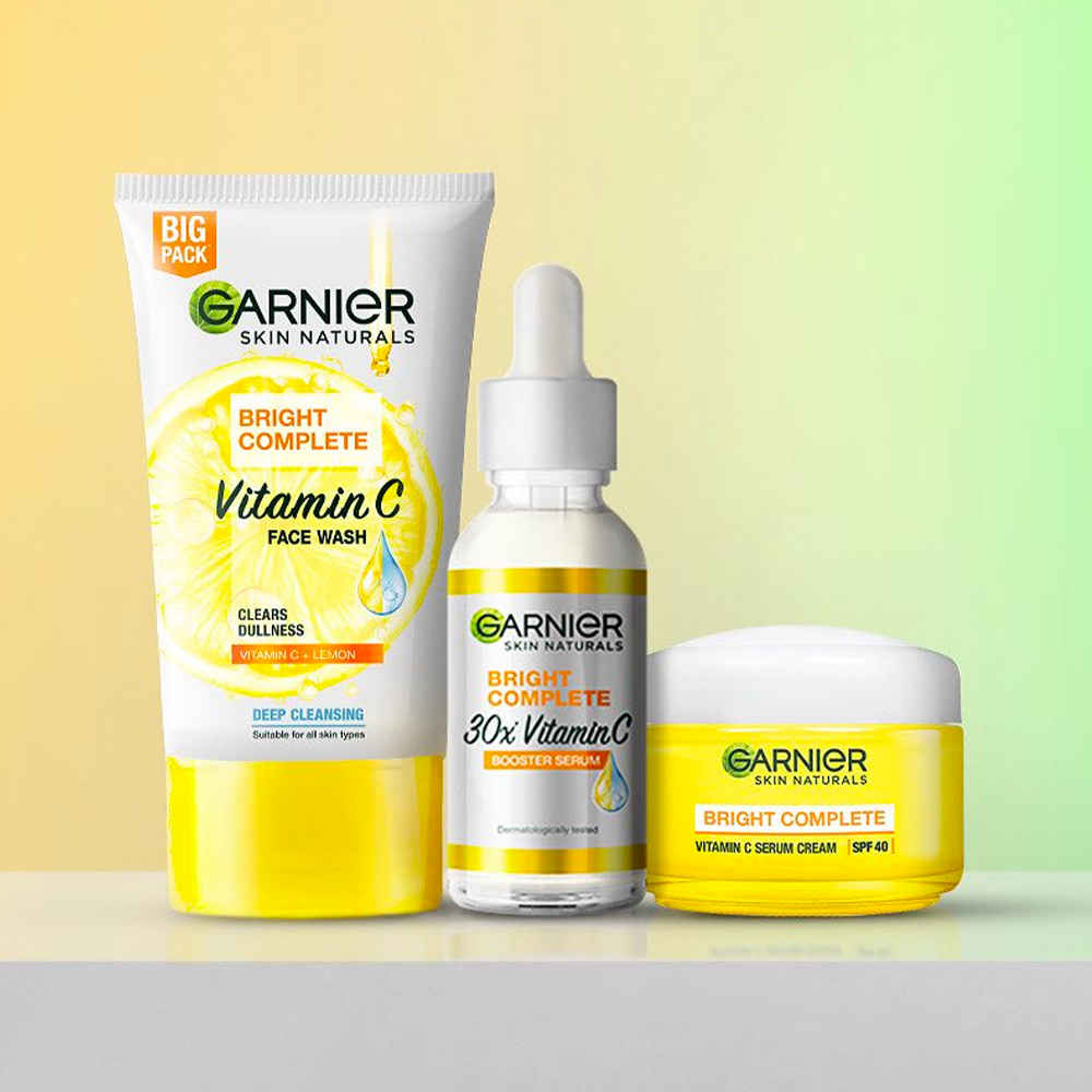 Buy Garnier Bright Complete (Vitamin C Serum 15 ml + Bright Complete Facewash 150 gm +Bright complete Face serum cream UV45 gm) - Combo Pack - Purplle
