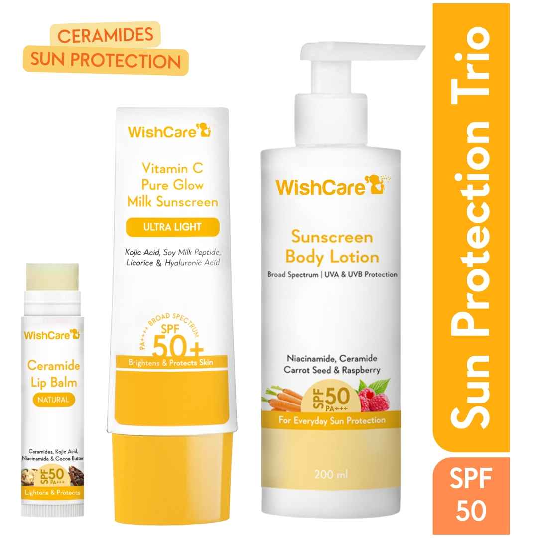 Buy WishCare Sun Protection SPF 50 PA++++ Trio with Vitamin C, Kojic Acid & Ceramide - Face, Lip & Body 255 gm - Purplle