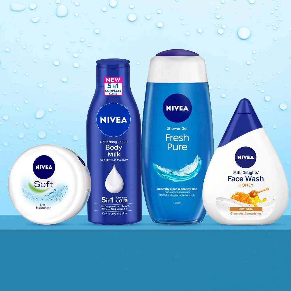 Buy NIVEA Ultimate Skin Nourishment Kit 4 (Fresh Pure Shower Gel(125ml)+Moisturizing Honey Face Wash(100ml)+Almond Oil Body Lotion(120ml)+Soft Moisturising Cream(50ml)) - Purplle