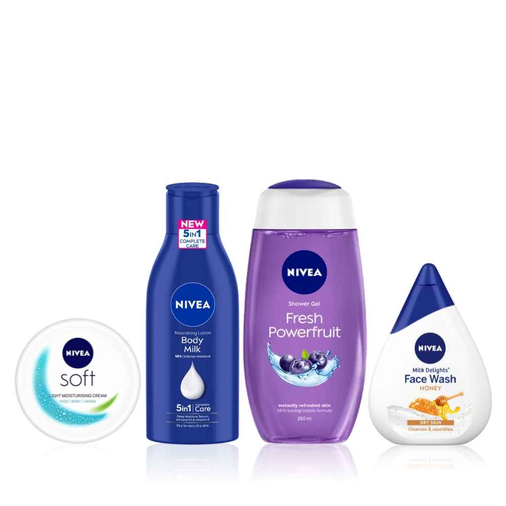 Buy NIVEA Refresh & Revive Skin Combo 3(Powerfruit Fresh Shower Gel(250ml)+Saffron Face Wash(100ml)+Almond Oil Body Lotions(120ml)+Soft Moisturising Cream(50ml) - Purplle