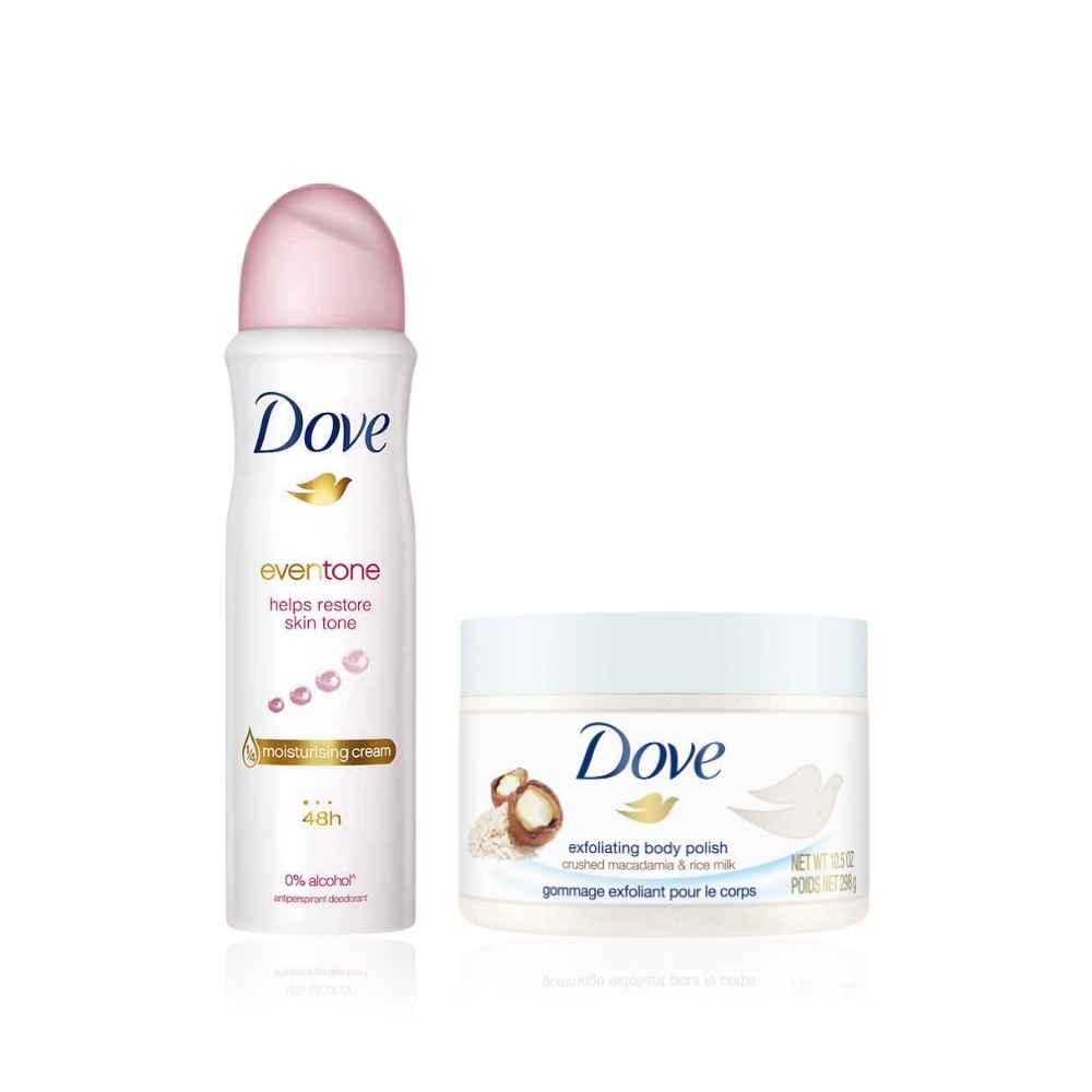 Buy Dove International Silky Glow Essentials Combo ( Body Polish Scrub Rice Milk And Moisturizing Macadamia 298 gm + Eventone Deodorant For Women 150 ml ) Combo of 2 - Purplle