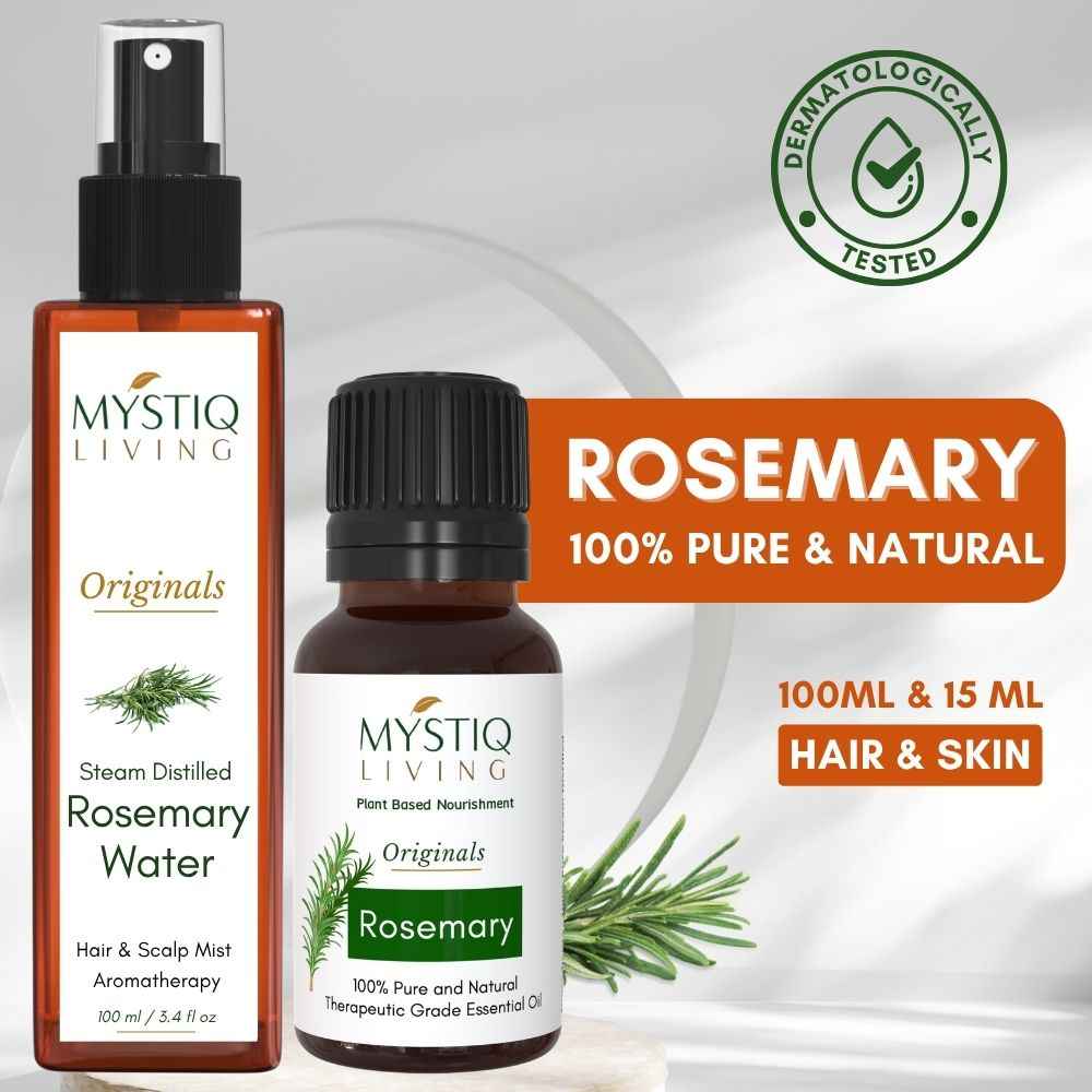 Buy Mystiq Living Rosemary Water Essential Oil Combo, Rosemary Water Spray 100 ml, Rosemary Essential Oil for Hair Growth -15 ml, Hair Fall Control Rosemary Water (Combo of 2) - Purplle