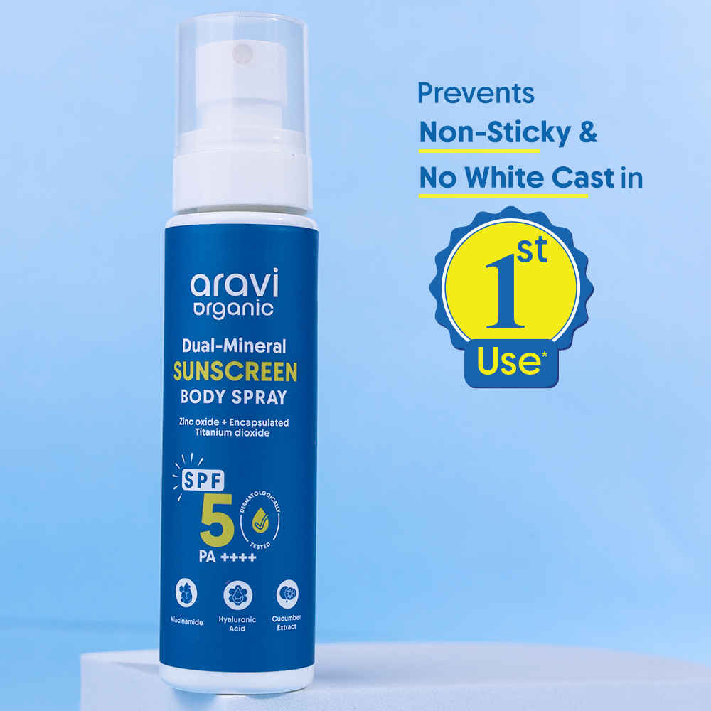 Buy Aravi Organic Body Sunscreen Spray with SPF 50 PA++++ | Provides UVA & UVB Protection | Non-Greasy, Lightweight & Fast Absorbing | Broad Spectrum Sun Protection & Hydration | Sutable for All Skin Types – 100 ml - Purplle