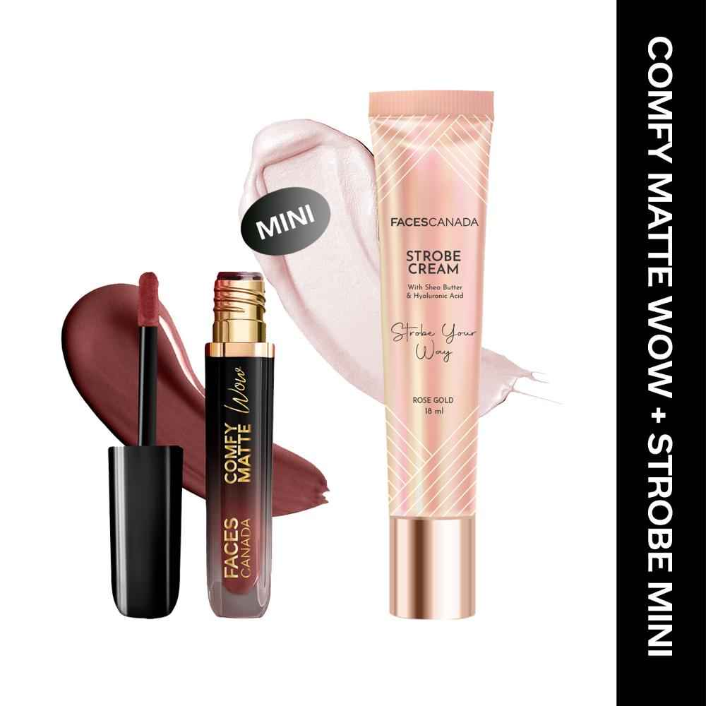 Buy FACES CANADA Comfy Matte Wow Liquid Lipstick - Cocoa Crush 07 (3.8 ml) & Rose Gold Strobe Cream (18 ml) Combo - Purplle