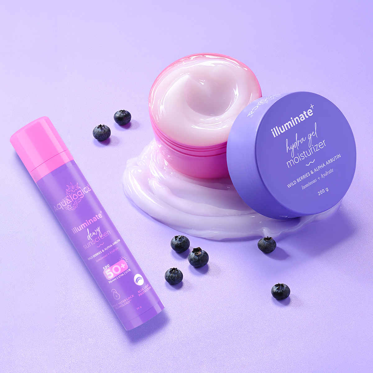 Buy Aqualogica Illuminate + Hydra Gel Moisturizer with Wild Berries & Alpha Arbutin - 200 gm + Aqualogica Illuminate+ Dewy Sunscreen SPF 50+ PA++++ with Wild Berries & Alpha Arbutin - 50 gm, Combo of 2 - Purplle