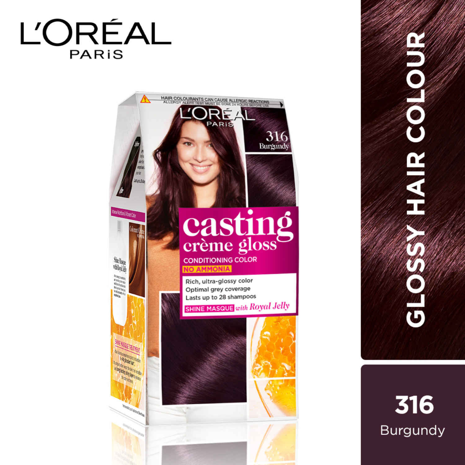Buy L'Oreal Paris Semi-Permanent Hair Colour, Ammonia-Free Formula & Honey-Infused Conditioner, Glossy Finish, Casting Creme Gloss, Burgundy 316, 60 gm+ 50 ml+ 40 gm - Purplle