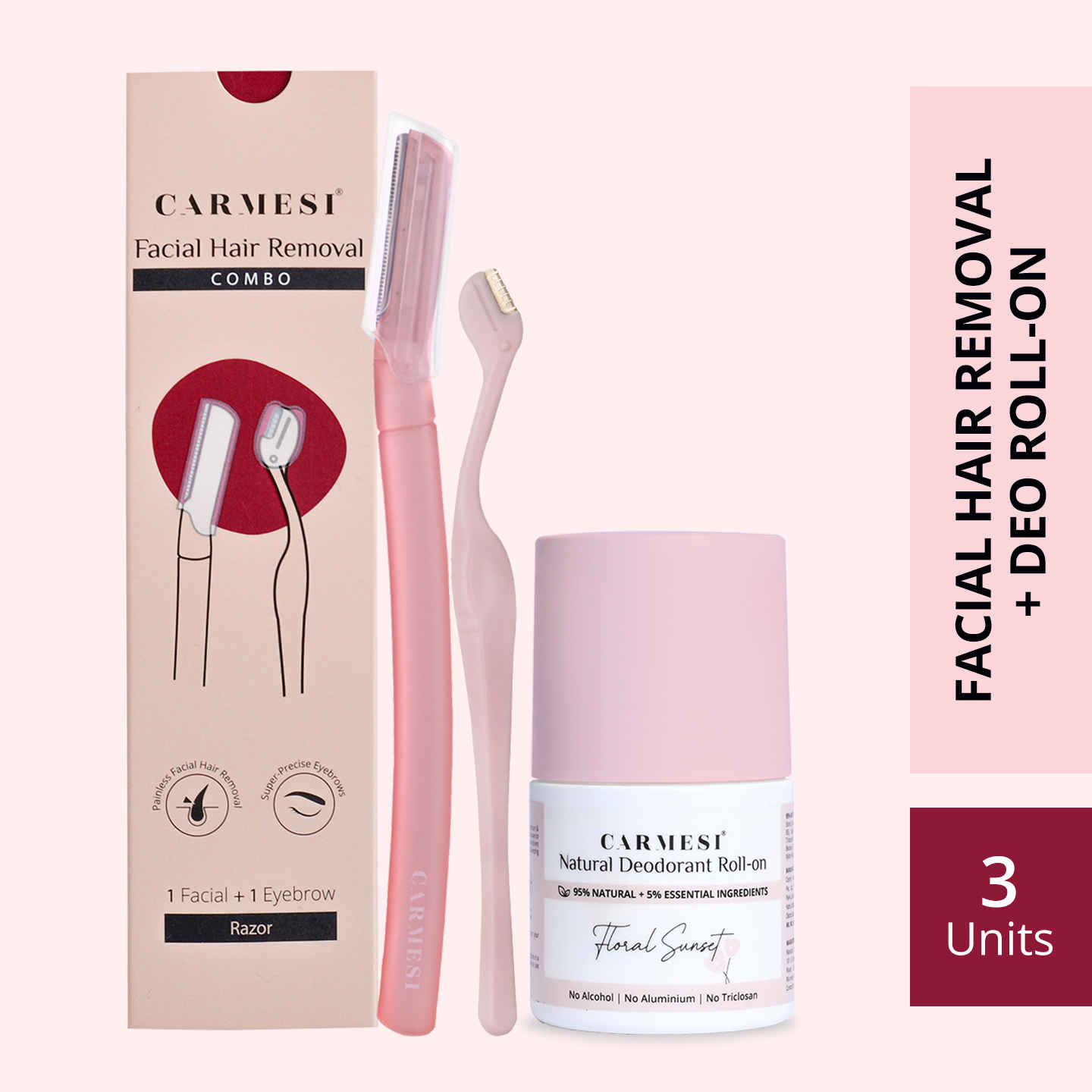 Buy Carmesi Facial Hair Removal Combo | Facial + Eyebrow Razor & Underarm Roll On Deodorant for Women - Floral Sunset (50 ml) | Instant & Painless Hair Removal | For Fresh Underarms All Day - Combo of 3 - Purplle