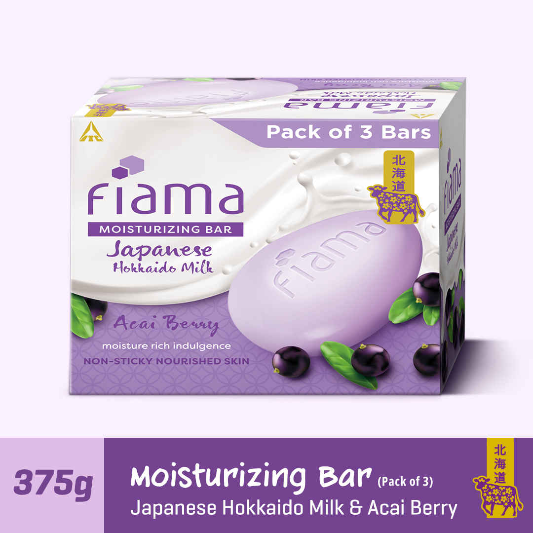 Buy Fiama Moisturizing Soap Bar, Japanese Hokkaido Milk & Acai Berry, Soap Pack of 3, Non-Sticky Moisturized Skin, 1/3rd Skin Moisturizers, Vitamin F, Fragrant Freshness - Purplle