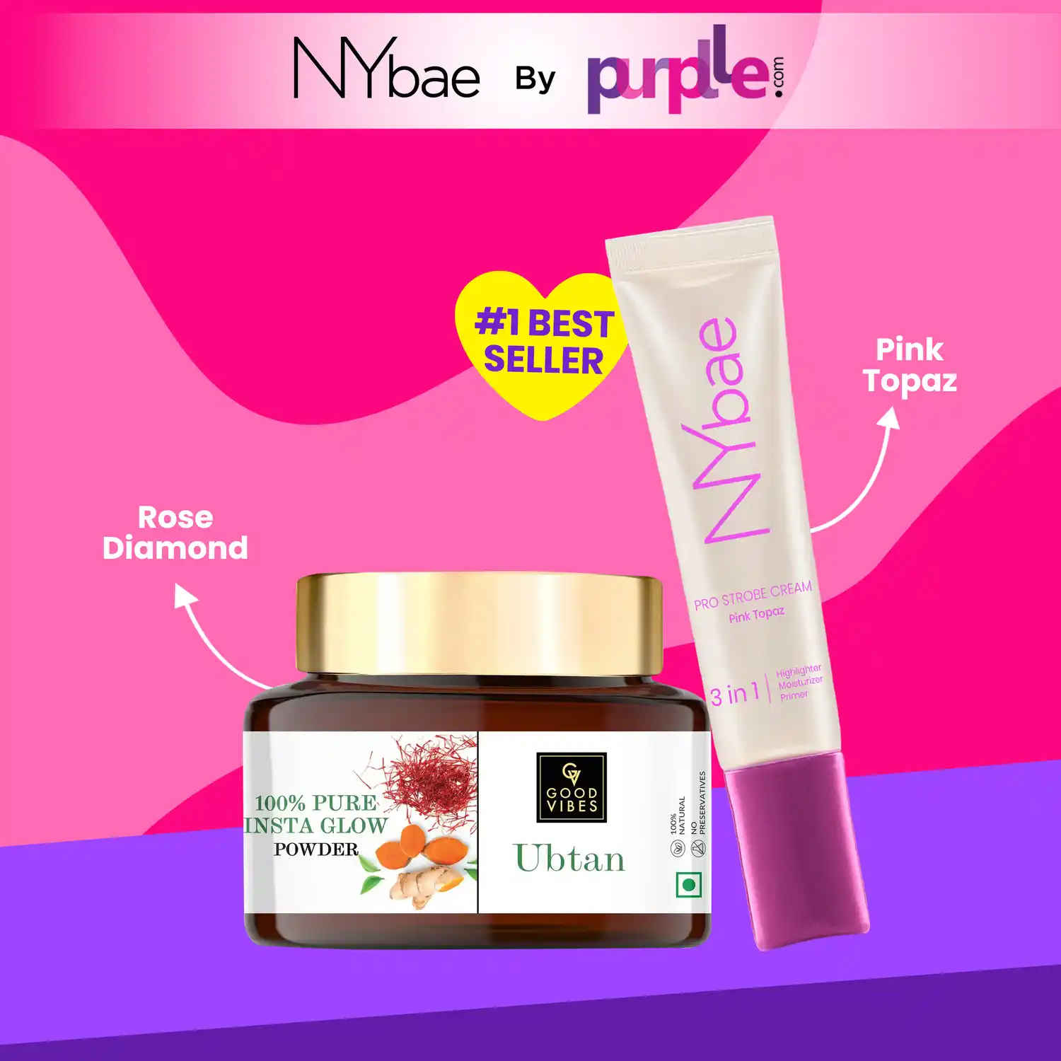 Buy NY Bae Strobe & Ubtan Glow Duo By Purplle | Pink Topaz Strobe Cream (12 gm) | Korean Glow | Ubtan Glow Powder (150 gm)| Brightening Kit | Makeup Kit - Combo of 2 - Purplle
