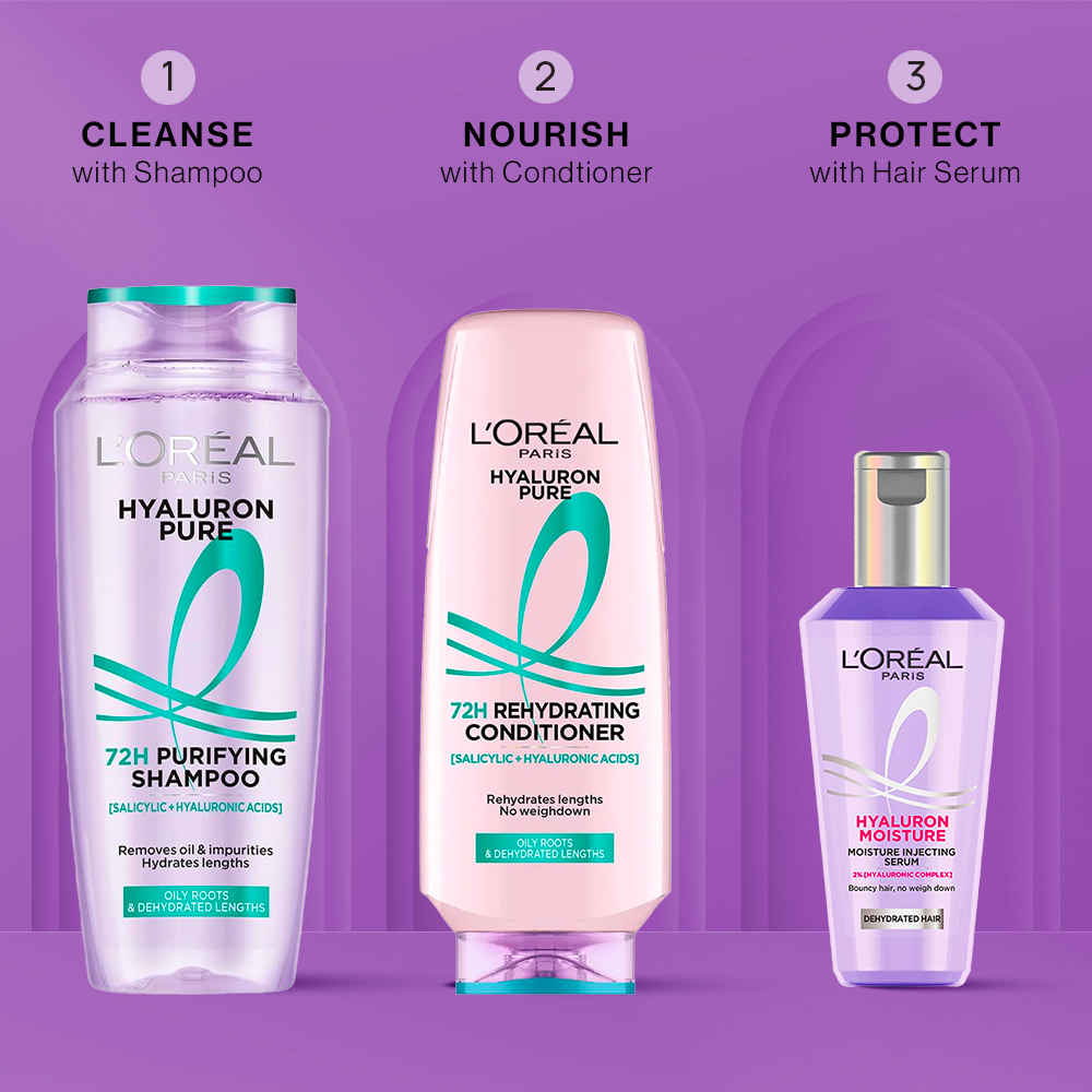 Buy L'Oreal Paris Hyaluron Haircare Mini Trio: Hyaluron Pure Shampoo (200 ml)+ Hyaluron Pure Conditioner (175 ml)+ Hyaluron Moisture Hair Serum(40 ml) Combo of 3 - Purplle