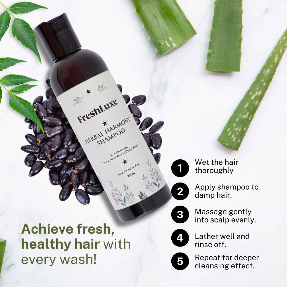 Buy FreshLuxe Herbal Harmony Shampoo | with Aloe Vera, Neem & Sitafal Seeds | Unisex | 200 ml - Purplle