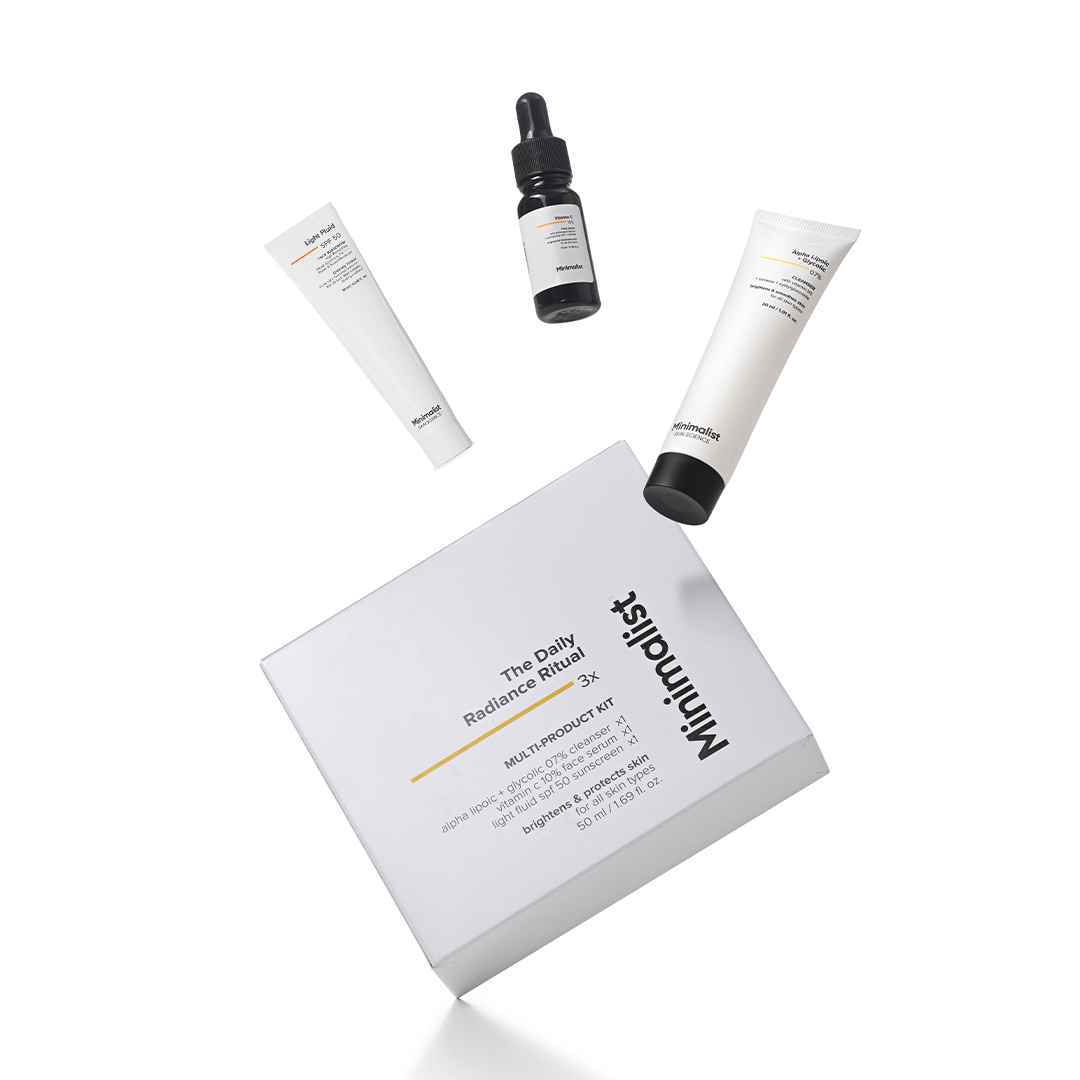 Buy Minimalist Daily Radiance Ritual Kit [Cleanser 30 ml + Vitamin C 10 ml + Fluid Sunscreen 10 ml] - Purplle