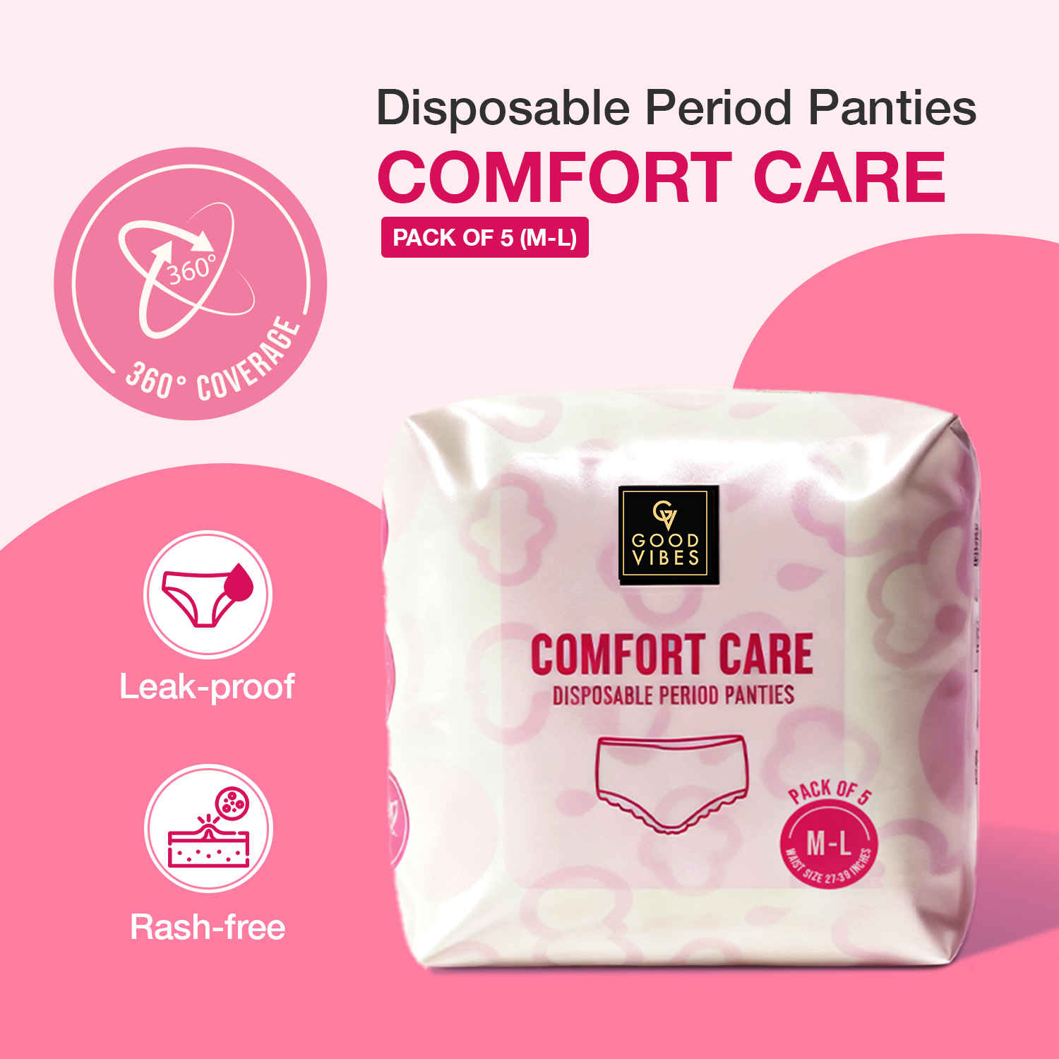Buy Good Vibes Comfort Care Disposable Period Panties for Women Pack of 5 (M-L) | Leak-Proof, Rash-Free & Super Absorbent | 360° Coverage | Overnight Protection for Heavy Flow | Sanitary Underwear | - Purplle