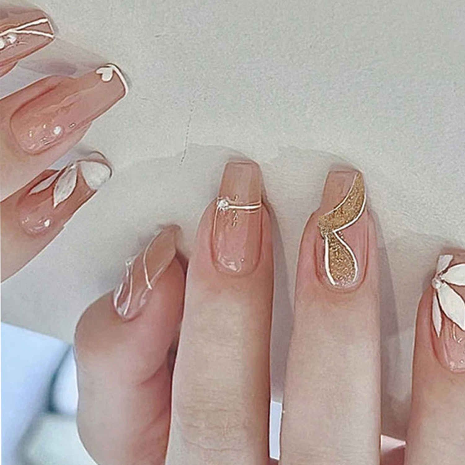 Buy Secret Lives acrylic artifical glossy artifical fake false press on nails nude brown color 3d pearls & white flower design 24 Pc set with kit - Purplle