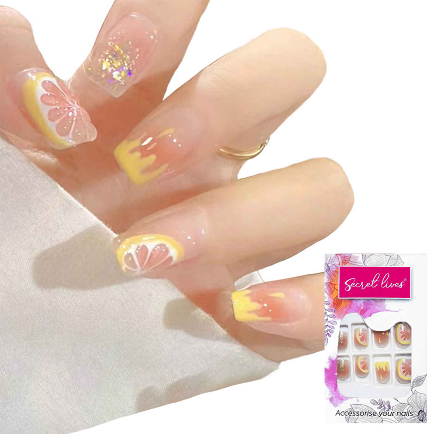 Buy Secret Lives acrylic fake reusable false artifical press on nails translucent lemon design with red color path and glitter design 24 Pc kit - Purplle