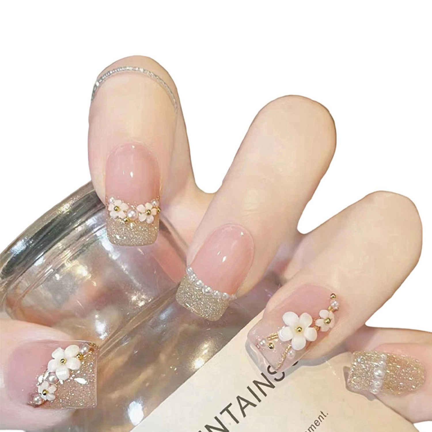 Buy Secret Lives acrylic artifical fake reusable false artifical press on nails translucent pink color with silverish golden glitter 3D flowers and pearl design 24 Pc with kit - Purplle