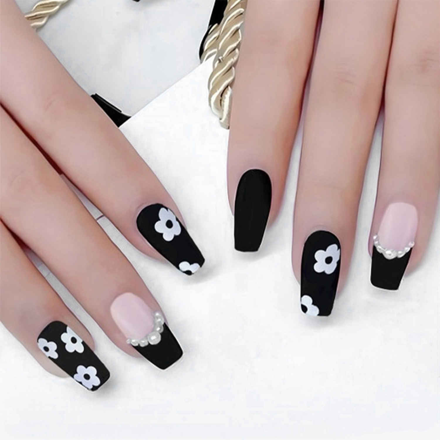 Buy Secret Lives Acrylic Artifical Premium Matte Coffin Shape Black & Translucent Pink Color with White Flowers & Pearls Luxury Reusable & Unbreakable Stick on Nails 24 Pc with kit - Purplle