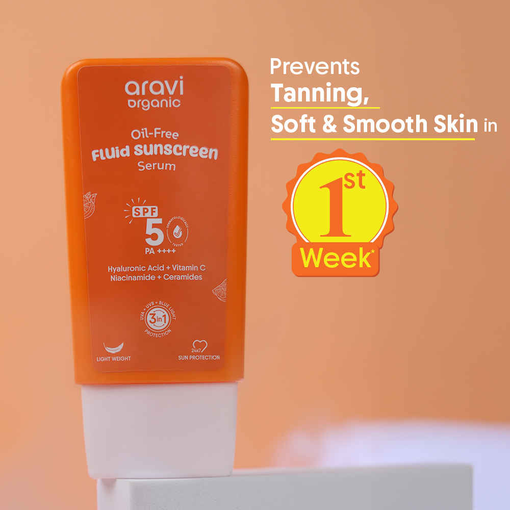 Buy Aravi Organic Oil-Free Fluid Sunscreen Serum SPF 50++++ with Hyaluronic Acid, Vitamin C, Niacinamide & Ceramides | Lightweight, Chemical-Free Formula | Prevents Sunburn & Tanning | For All Skin Types | 50 ml - Purplle