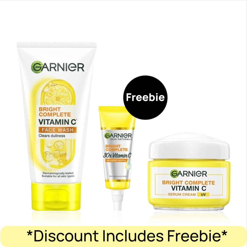Buy Garnier Bright Complete Vitamin C Essentials Kit: Vitamin C Facewash(150 gm) + Vitamin C Serum Cream(45 gm) + Bright Complete Serum(7 ml) Combo of 3 - Purplle
