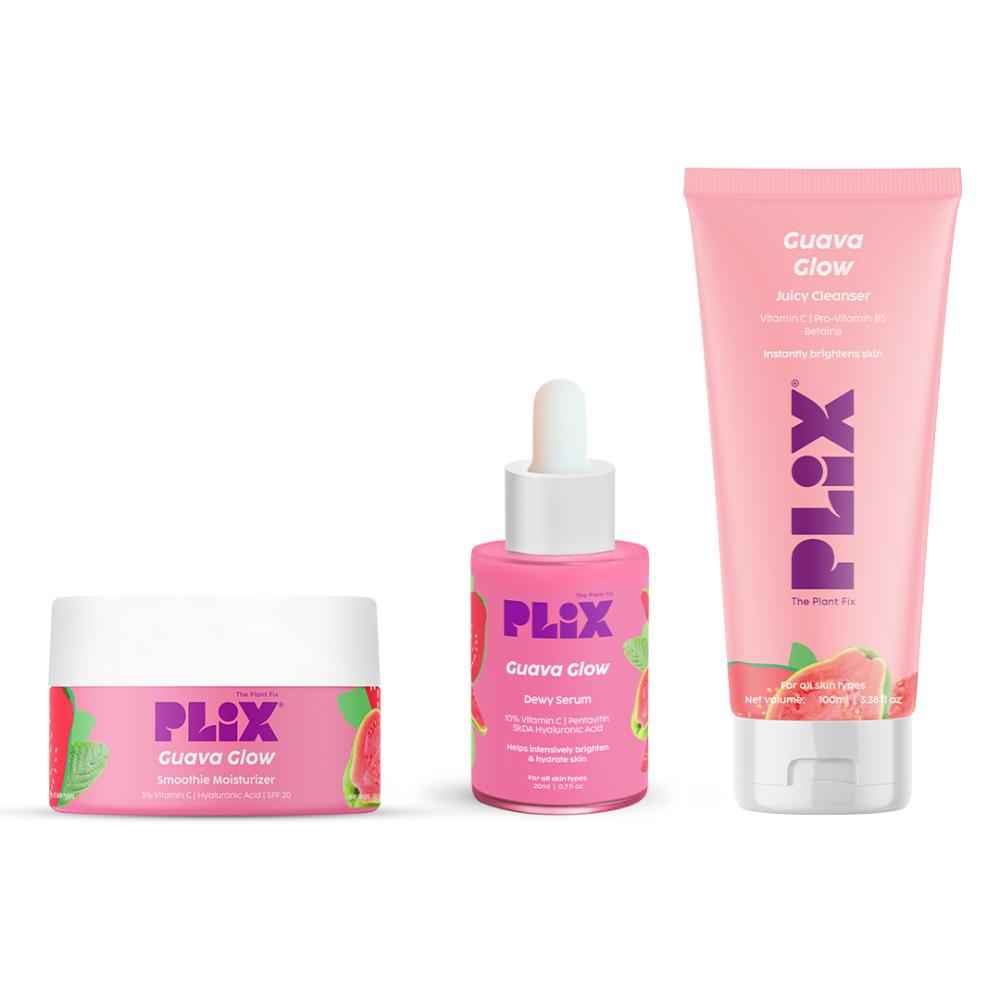 Buy PLIX Guava Glow 3-in-1 Skincare Set: Cleanser (100 ml), Vitamin C (30 ml) & Moisturizer (50 gm) Combo of 3 - Purplle