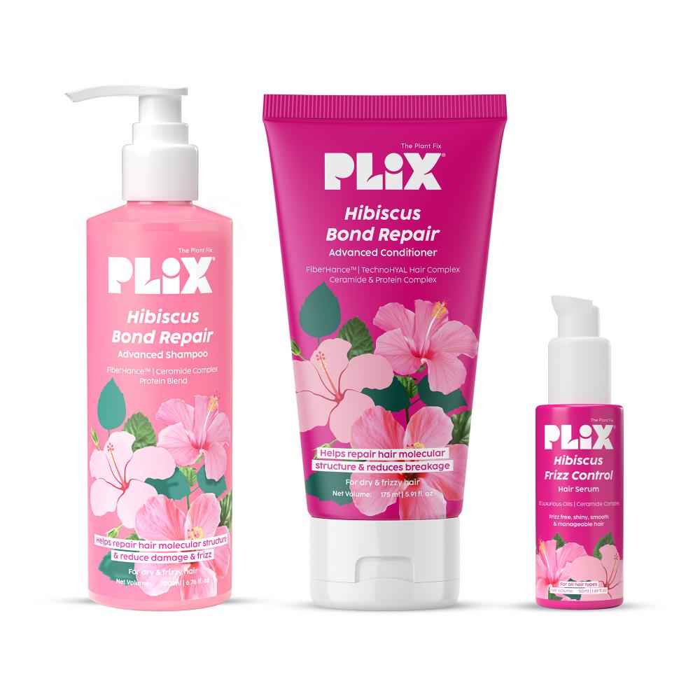 Buy PLIX Hibiscus Frizz Control Hair Serum (50 ml) + Bond Repair Shampoo (200 ml) + Conditioner (175 ml) | Protects & Smoothes Frizzy Hair| 3x Strength with Fiberhance, Combo of 3 - Purplle