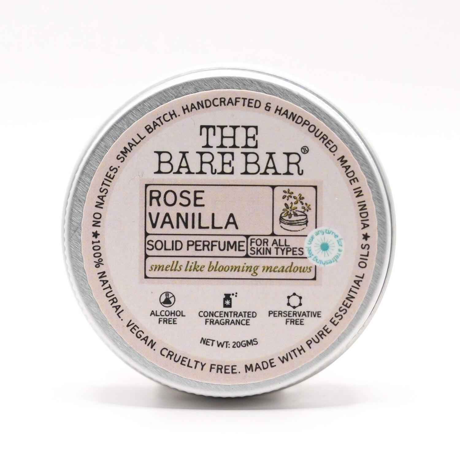 Buy The Bare Bar Rose Vanilla Solid Perfume – 20 gm | With Mango Butter, Coconut & Almond Oils | Soft Floral Scent | Natural, Alcohol-Free - Purplle