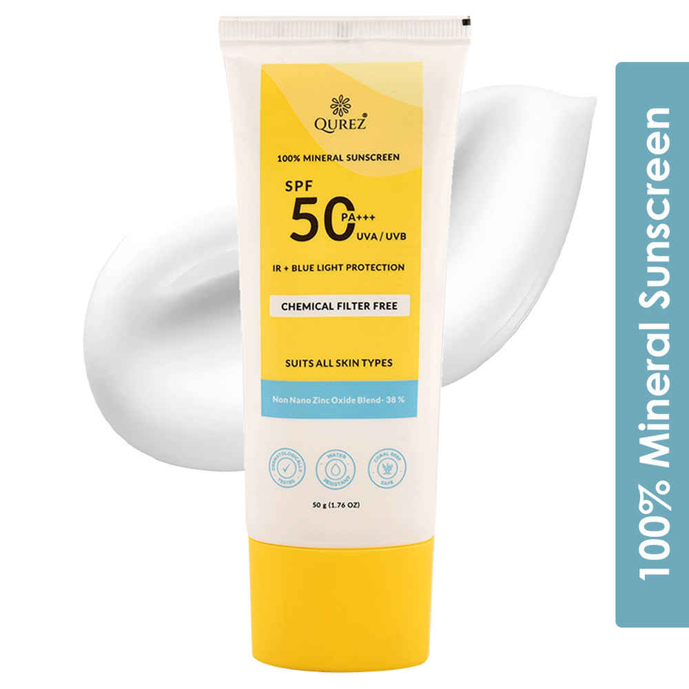 Buy Qurez 100% Mineral Sunscreen SPF 50 PA+++ 50 gm | Lightweight, UVA UVB Broad Spectrum, Blue Light & IR Protection | for Oily, Dry, Sensitive, Acne-prone Skin | Water resistant | Kids Friendly - Purplle