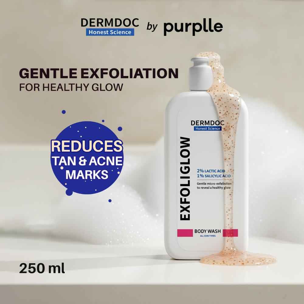Buy DermDoc Exfoliglow Body Wash with 2% Lactic Acid (AHA) & 1% Salicylic Acid (BHA) gently exfoliates, clears clogged pores, and removes dead skin cells. It fades dark spots, improves skin texture, hydrate - Purplle