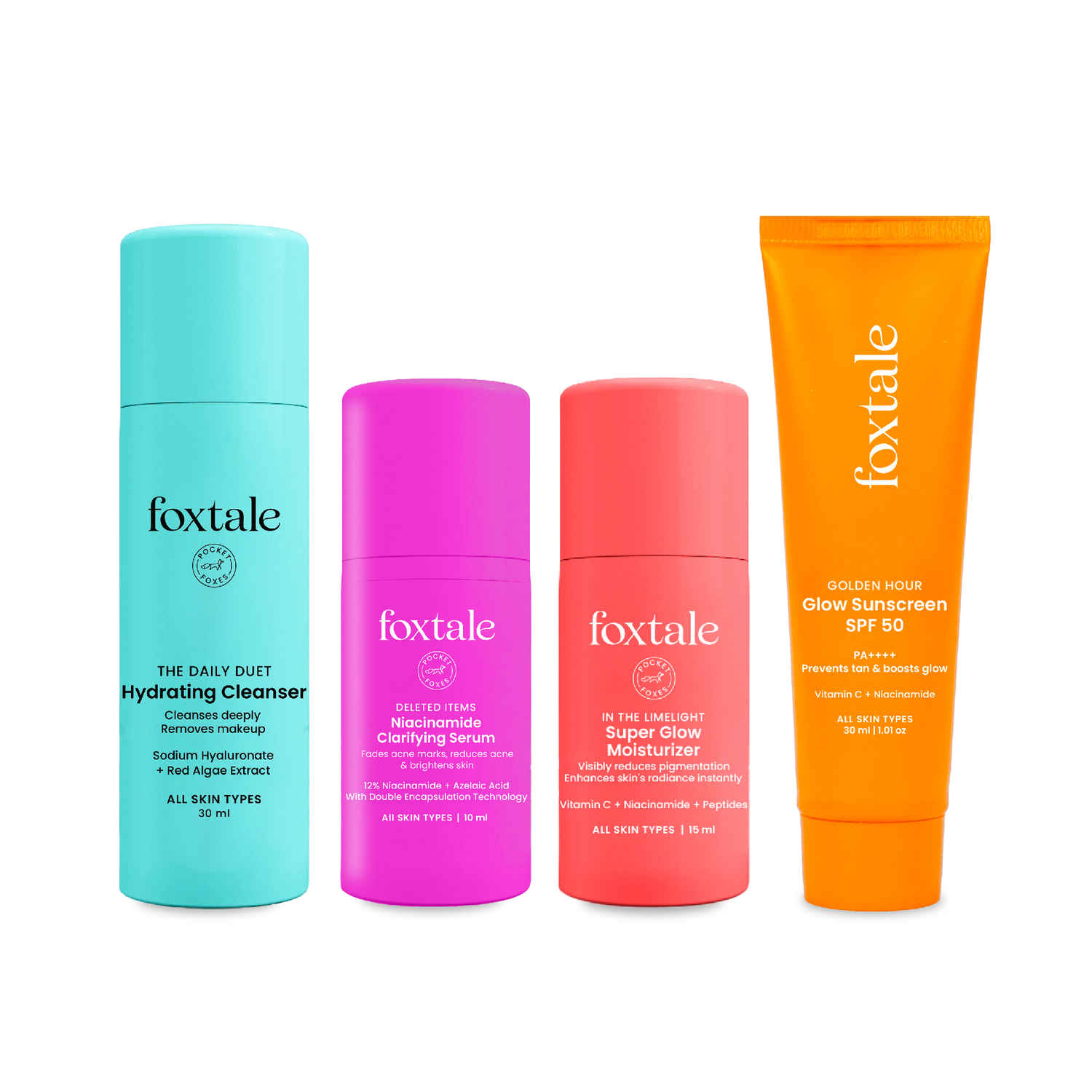 Buy FoxTale Oil Free Radiance Routine - Hydrating Cleanser + 12% Niacinamide Serum + SPF 50 Glow sunscreen (30 ml) - Purplle