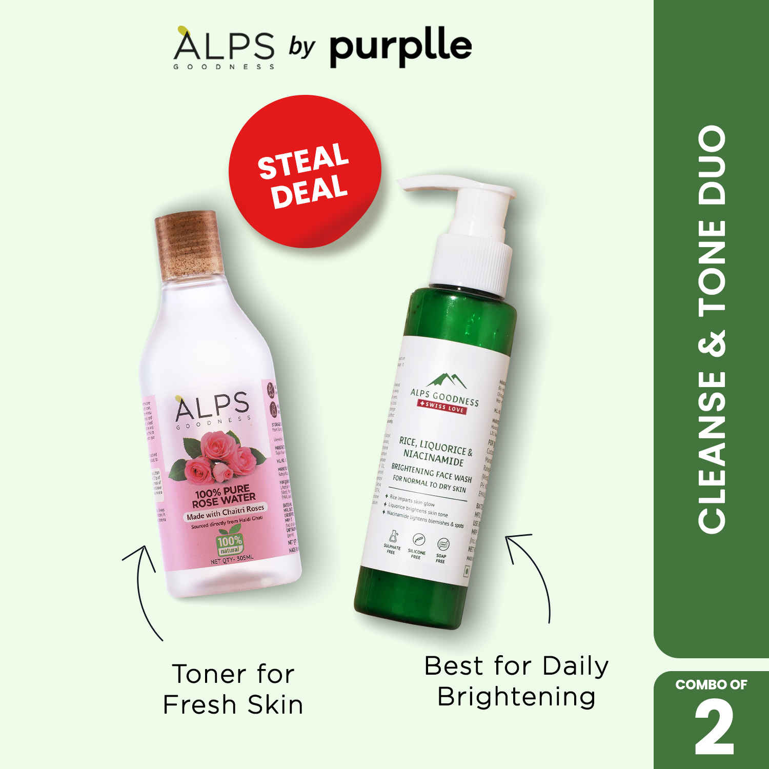 Buy Alps Goodness Cleanse & Tone Duo (Combo of 2) | Rose Water (305 ml) & Rice Liquorice Face Wash (100 ml) | Alcohol-Free Toner | Gentle Cleanser for Normal to Dry Skin - Purplle
