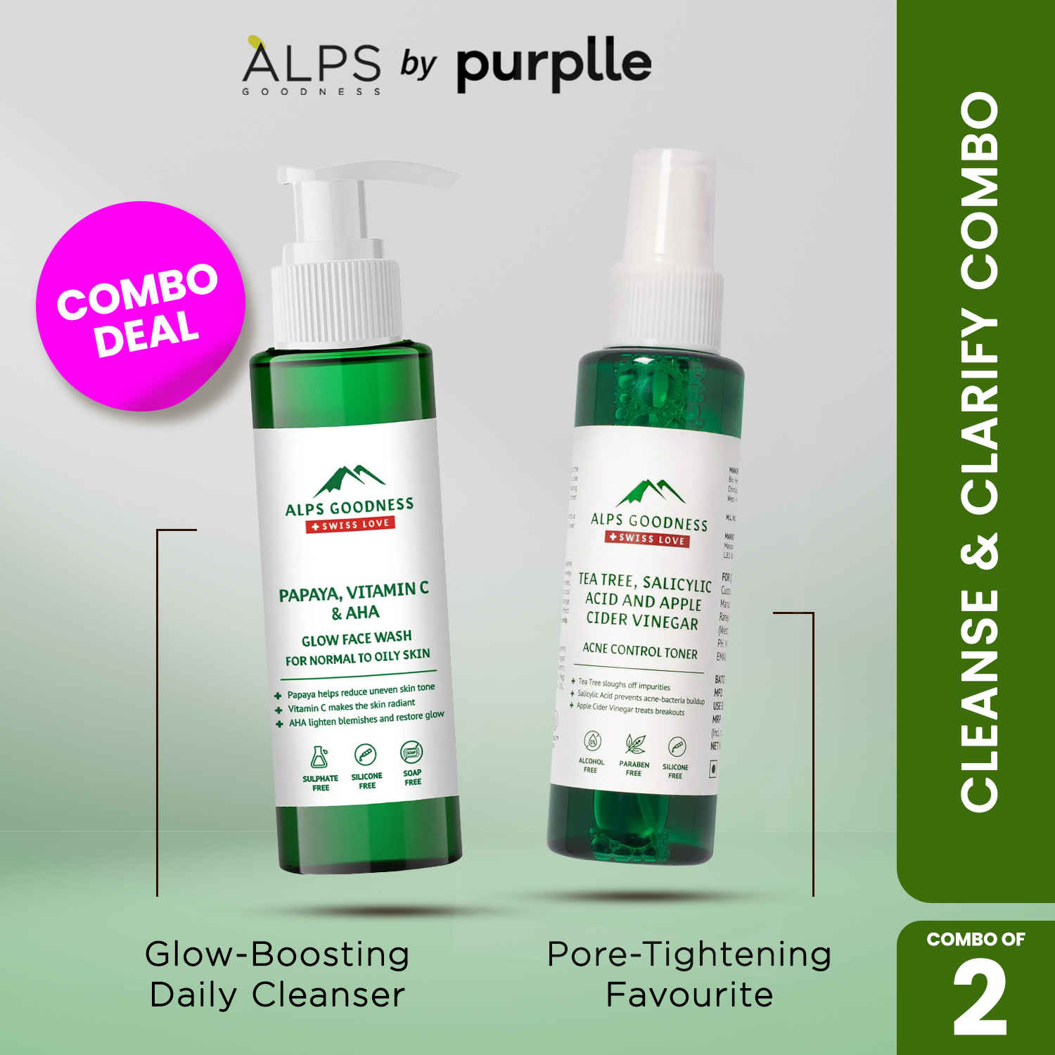 Buy Alps Goodness Cleanse & Clarify Combo (Combo of 2) | Acne Control Toner (110 ml) & Vitamin C Face Wash (100 ml) | Salicylic Acid Toner | Papaya & AHA Brightening Cleanser - Purplle