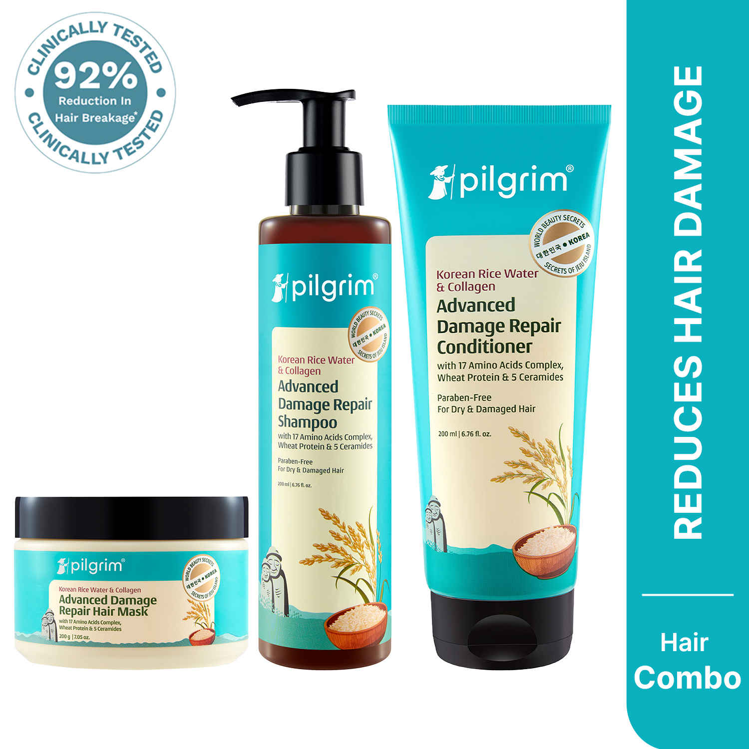Buy Pilgrim Korean Rice Water & Collagen Advanced Damage Repair Shampoo + Conditioner + Hair Mask | Hair Fall Control, Soft & Silky Hair | 200 ml +200 ml +200 gm | Combo of 3, Haircare Kit - Purplle