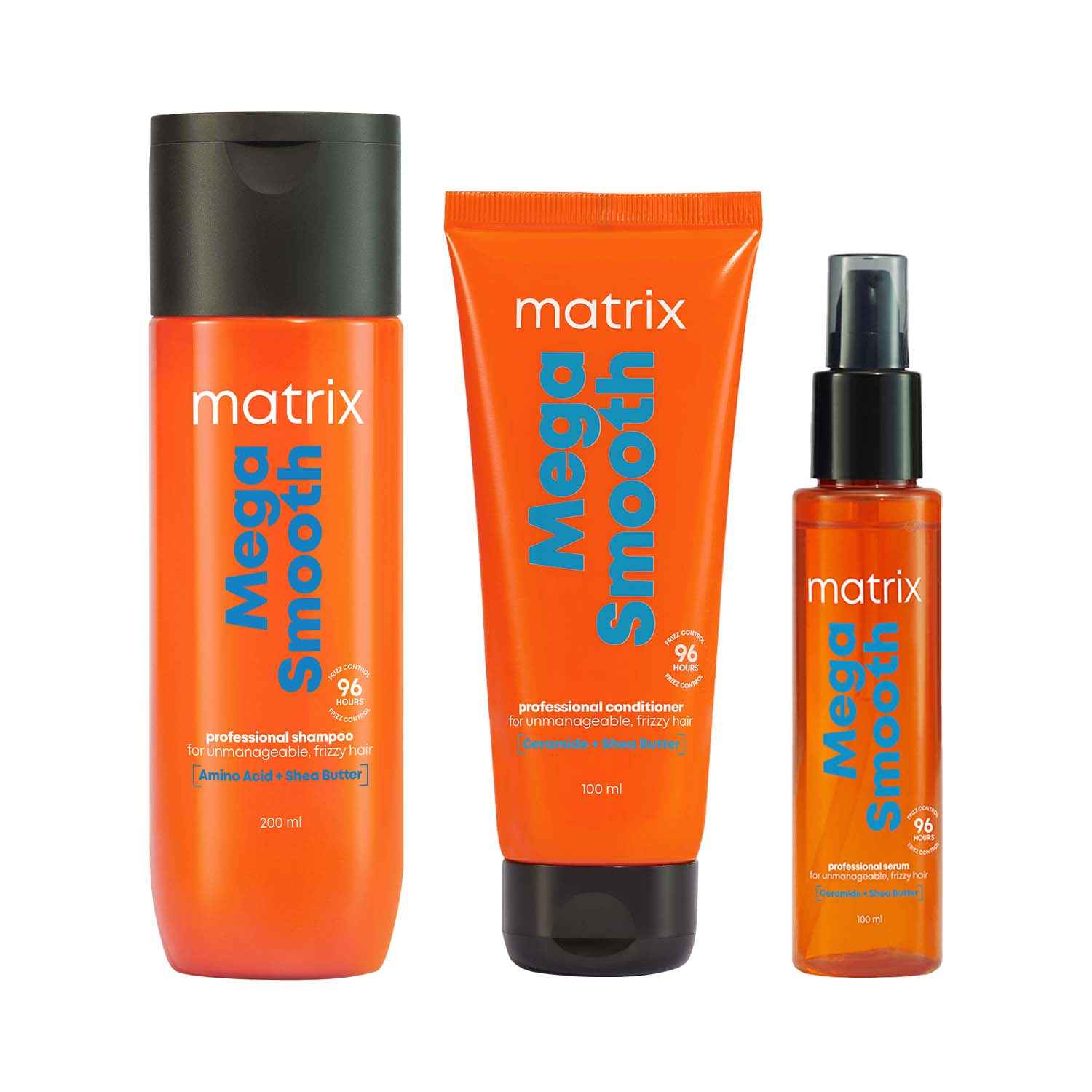 Buy Matrix Mega Smooth Shampoo, Conditioner and Serum Combo for Frizzy, Dry Unmanageable Hair | Defy Frizz for 4 Days | Used by 1 Lakh Hairstylists* | with Shea Butter and Amino Acid (200 ml + 100ml+ 100 ml ) Combo of 3 - Purplle