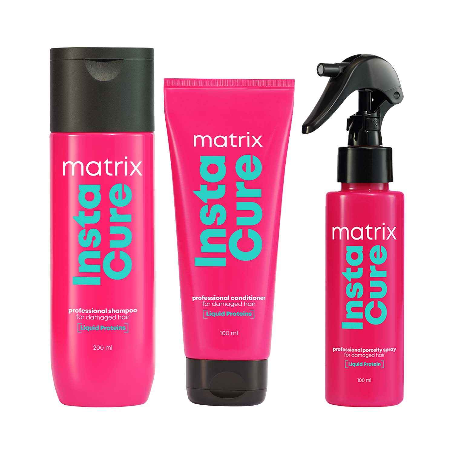 Buy Matrix Insta Cure Professional Liquid Protein Shampoo + Conditioner + Porosity Filling Spray for Damaged Hair| Ditch Damage from the 1st Use*| Reduced Split Ends, Breakage, Knotting, (200ml + 100ml + 100 ml) Combo of 3 - Purplle