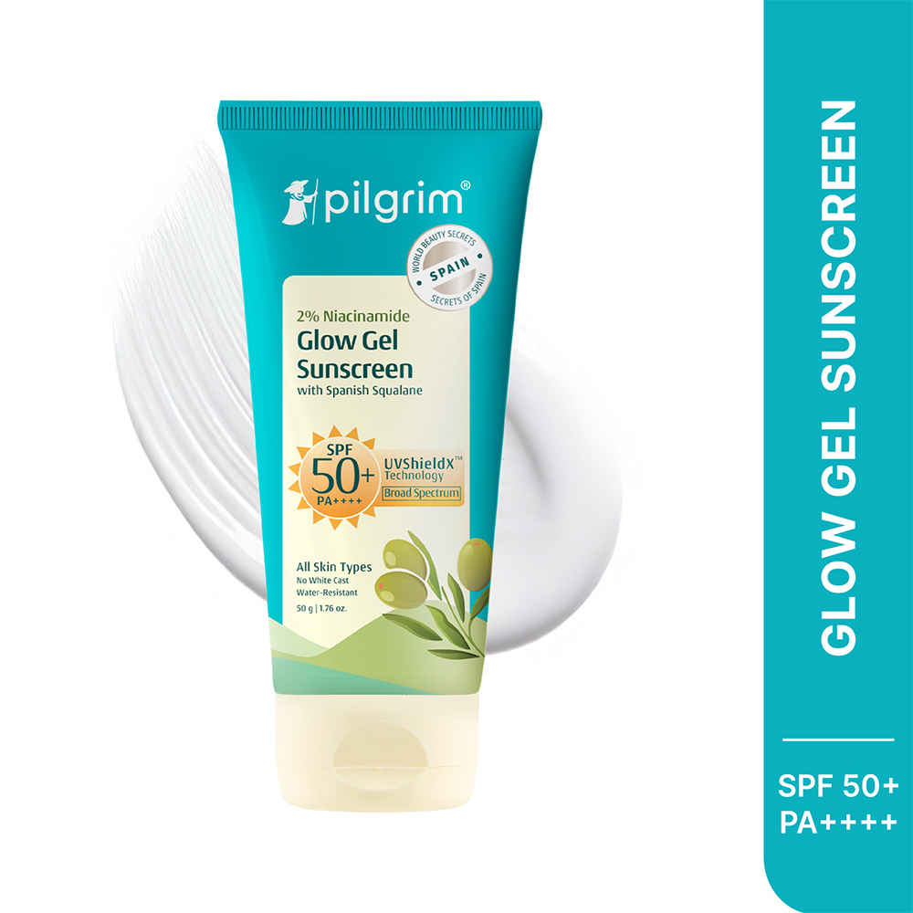 Buy Pilgrim 2% Niacinamide Glow Sunscreen With SPF 50+++, 50 gm, with Spanish Squalane & Alpha Arbutin, Enhances Glow & Prevents Tanning, No White-Cast for UVA/B Rays & Blue Light Protection, for All Skin Types - Purplle