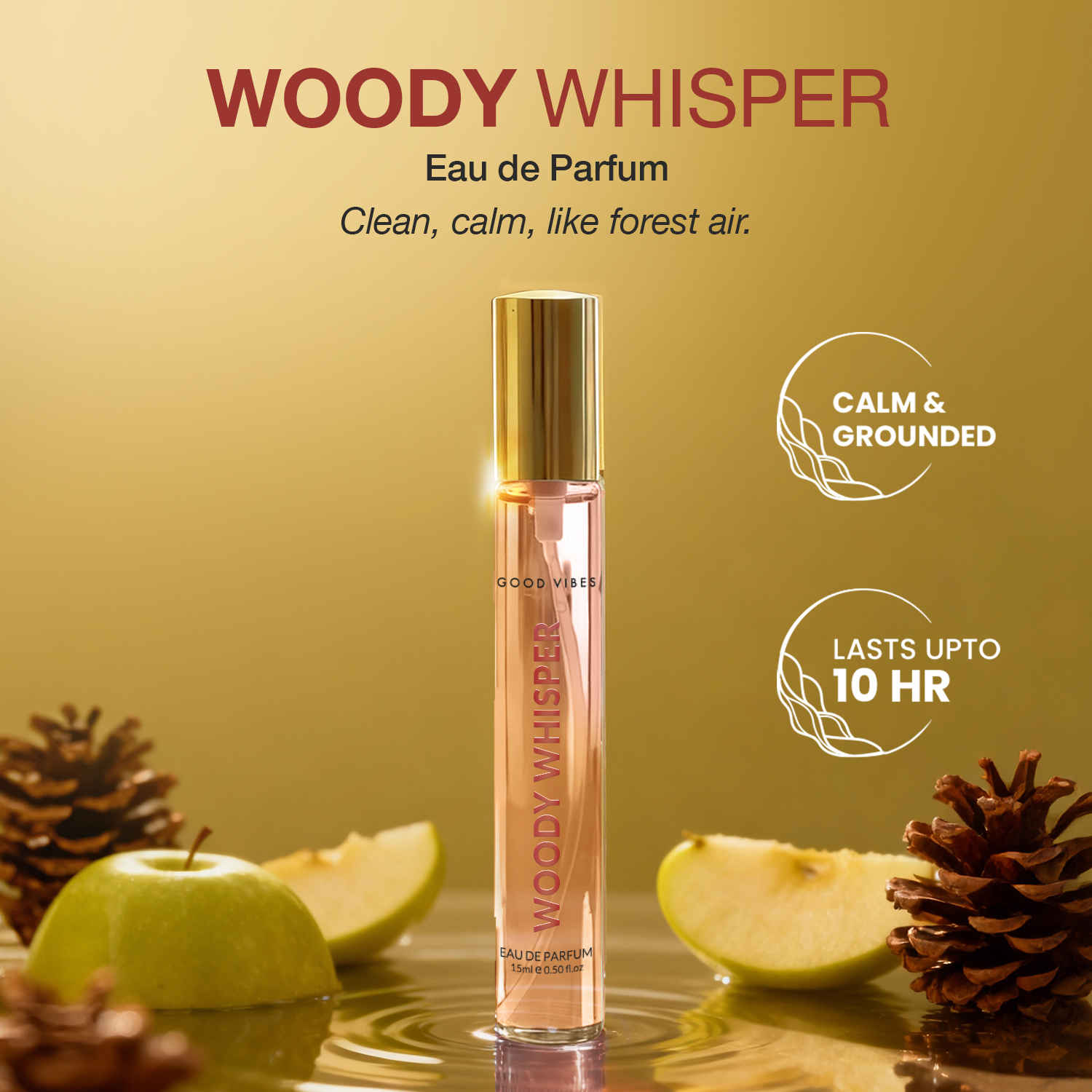 Buy Good Vibes Woody Whisper Eau De Parfum for Women | Long-Lasting Woody Fresh Fragrance | Green Apple, Vanilla & Cedarwood Notes | Uplifting, Warm & Elegant Perfume | Premium Skin-Safe, Travel-Friendly Pocket Perfume for Women & Girls – 15 ml - Purplle