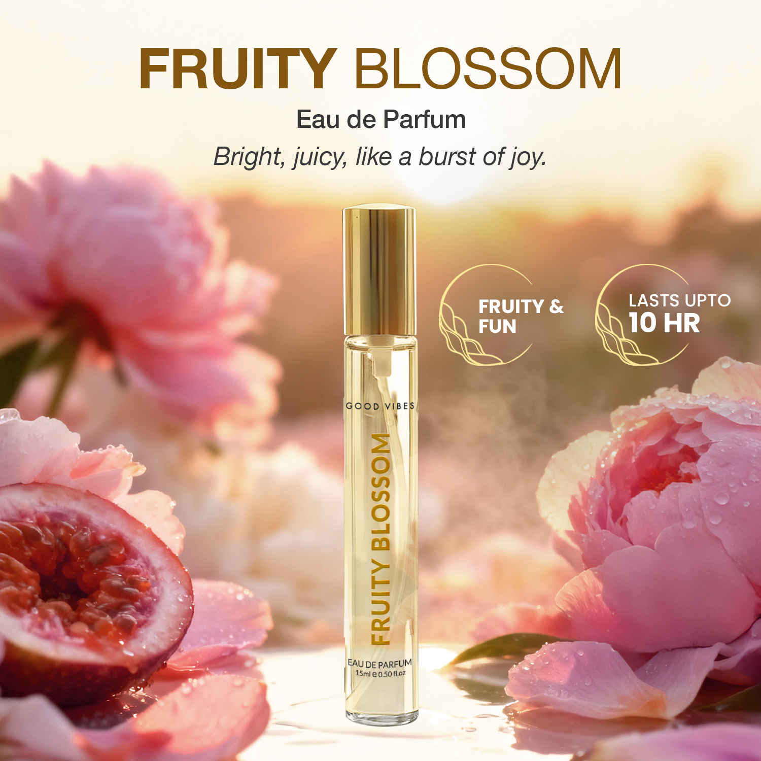 Buy Good Vibes Fruity Blossom Eau de Parfum – Passionfruit & Peony | Fruity Floral Perfume | Fresh, Playful & Uplifting Scent | Long-Lasting up to 10 Hours | Travel-Friendly Pocket Perfume for Women & Girls – 15 ml - Purplle