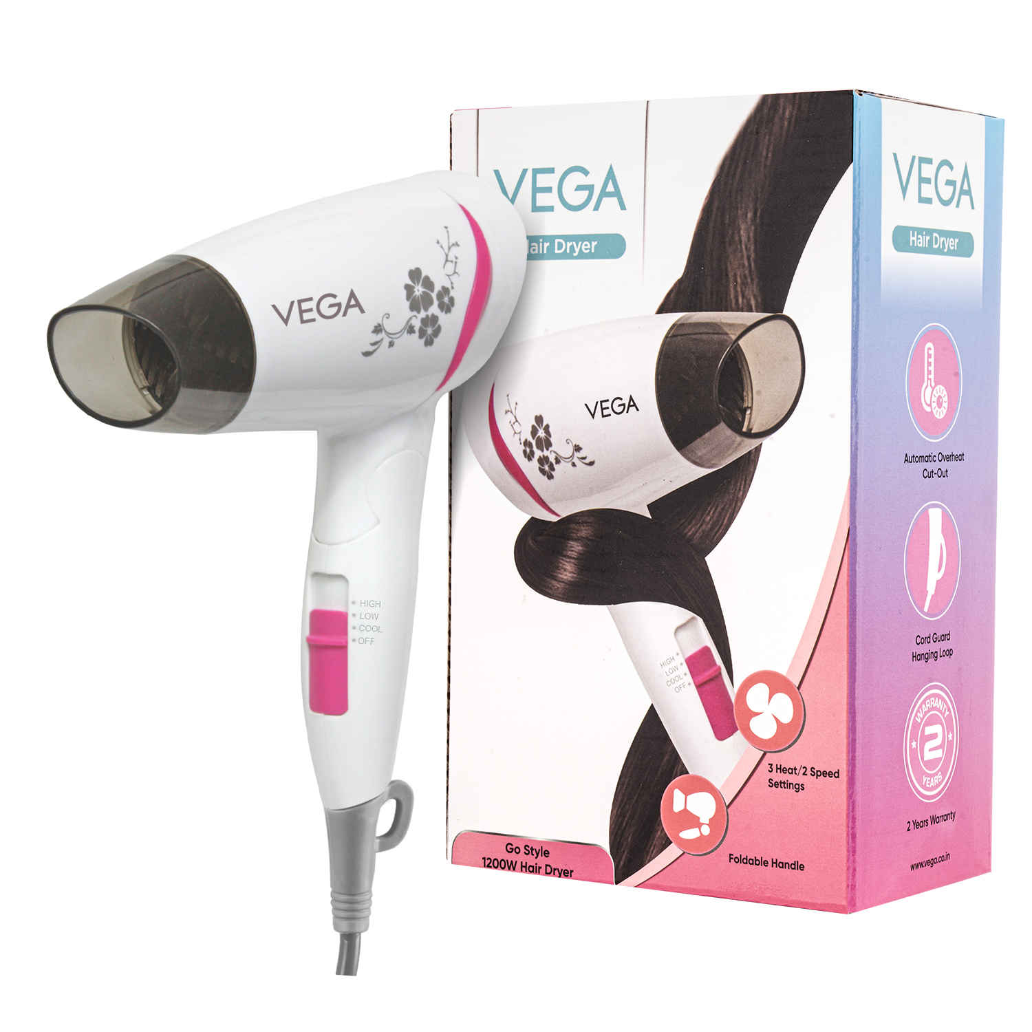 Buy Vega 1200 Watts Go Style Foldable Hair Dryer for Women with Detachable Nozzle, Heat & Cool Setting, Quick Dry, Overheat Cut-Off, Suitable for All Hair Types, (VHDH-18) - 1 pc | gift for women - Purplle
