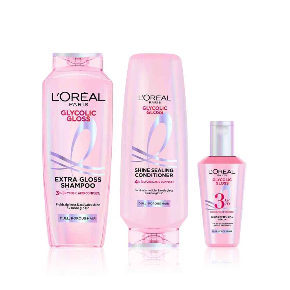 Buy L'Oreal Paris Gloss Restoring Trio | Powered by Glycolic Acid |Shampoo 340 ml + Conditioner 340 ml + Serum 80 ml, Combo of 3 - Purplle