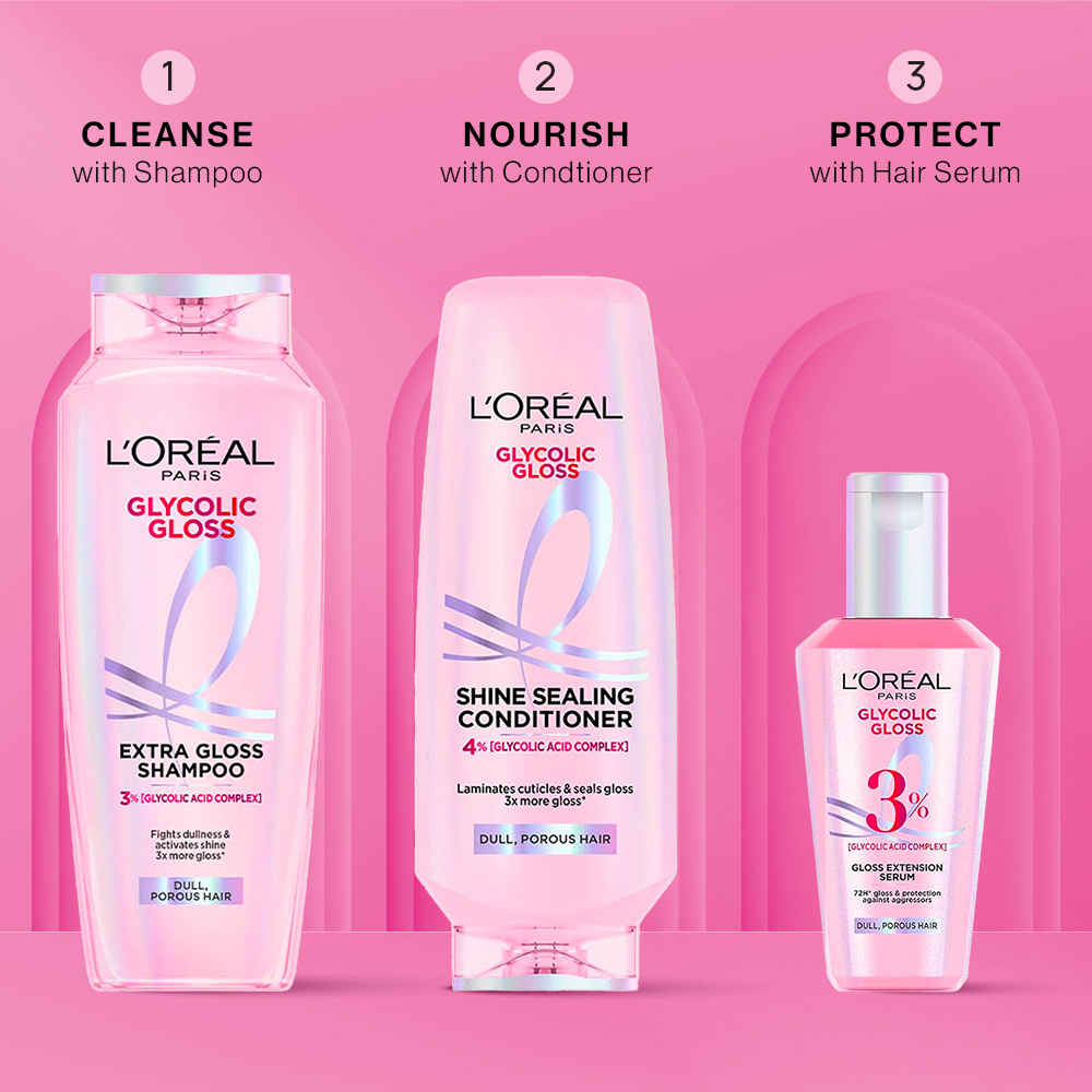 Buy L'Oreal Paris Gloss Restoring Trio | Powered by Glycolic Acid |Shampoo 340 ml + Conditioner 340 ml + Serum 80 ml, Combo of 3 - Purplle