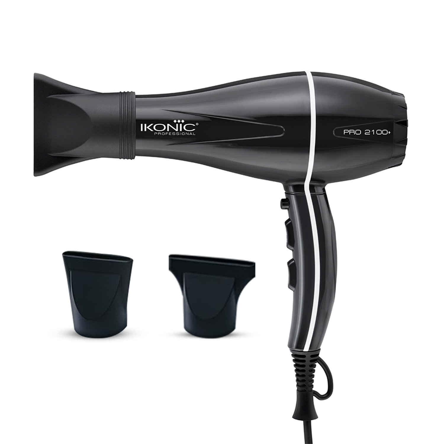 Buy IKONIC PROFESSIONAL 2100+ Hair Dryer 2000W, Black, 3 Heat And 2 Speed Settings, Cool Shot, Low Noise Function Interchangeable Nozzles, Professional Styling, For Women And Men, All Hair Type 1 pc - Purplle