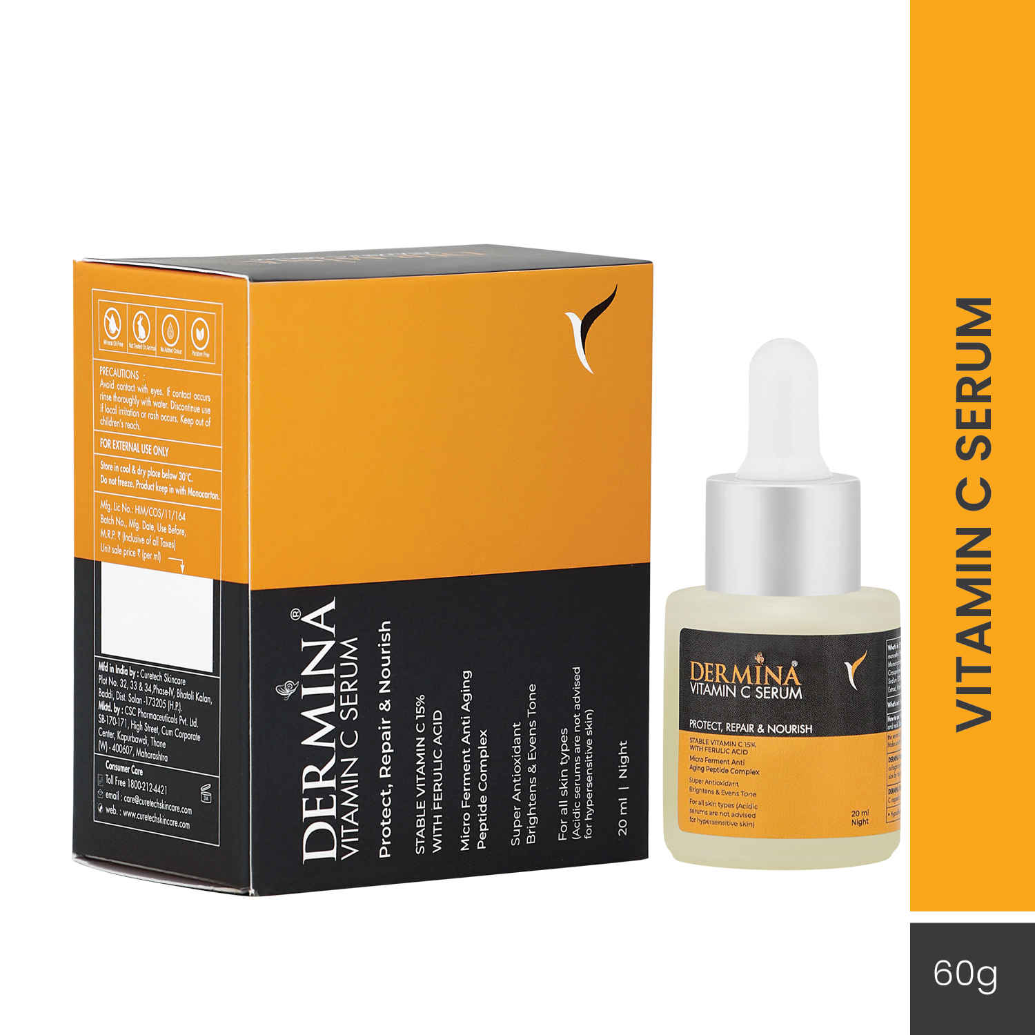 Buy Dermina 15% Vitamin C Serum with Ferulic Acid, Peptide Complex & Super Antioxidant, Glowing Skin, All Skin, 20 ml - Purplle