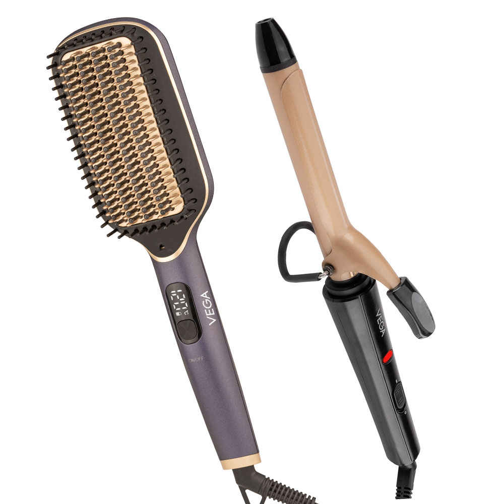 Buy Vega LitStyle Hair Straightening Brush & Curler Combo | LitStyle L1 Hair Straightening Brush (VHSB-06) & Ease Curl 19 mm Barrel Hair Curler (VHCH-01) Combo of 2 - Purplle