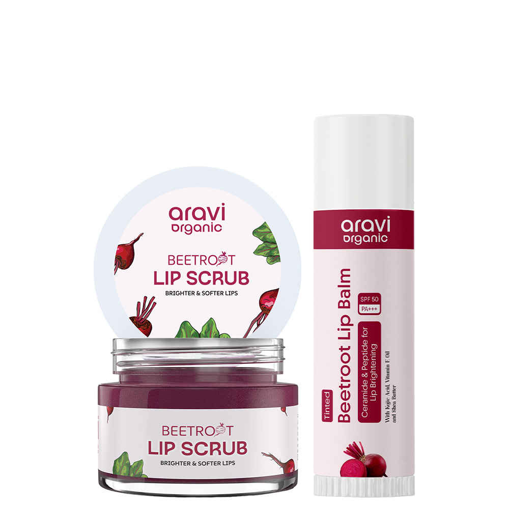 Buy Aravi Organic Lip Brightening Combo | Beetroot Lip Scrub + Tinted Lip Balm SPF 50 PA+++ | Exfoliates Dark Lips, Adds Natural Tint & Sun Protection | Hydrating Lip Care for Men & Women (Pack Of 2) - Purplle