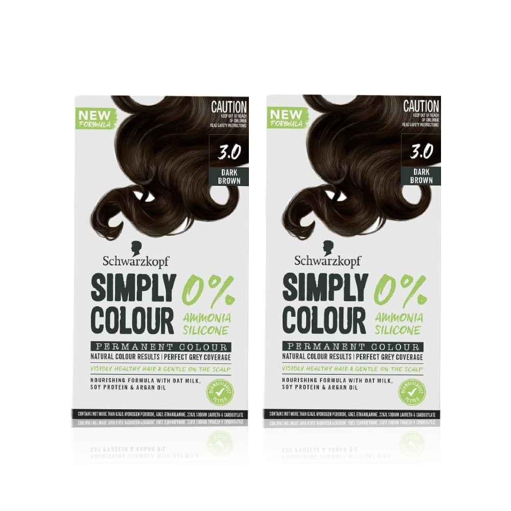 Buy Schwarzkopf Simply Colour Permanent Hair Colour For 100% Grey Coverage Pack of 2 ( 3.00 Dark Brown (142.5 ml) ) - Purplle